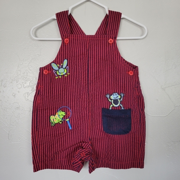 Snugabye Basic Vintage Baby Boy 3-6 Months Red Navy Striped Overalls Shortalls - Picture 1 of 6